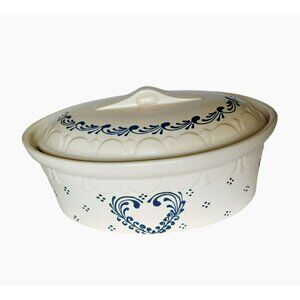 Poterie Beck Soufflenheim 14" Earthenware Covered Dish, Blue Heart, Alsace Franc